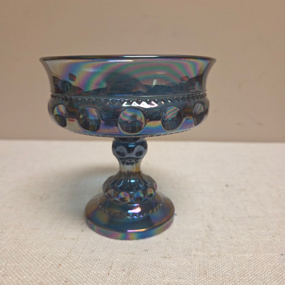Indiana Blue Carnival Glass Kings Crown Thumbprint Pedestal Compote Candy Dish
